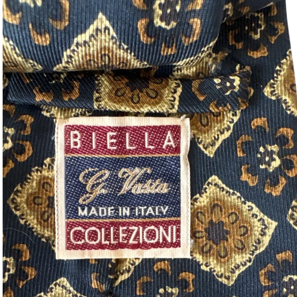 Biella G Vasta Collezioni Silk‎ Tie Made in Italy Navy Gold Medallion Geometric